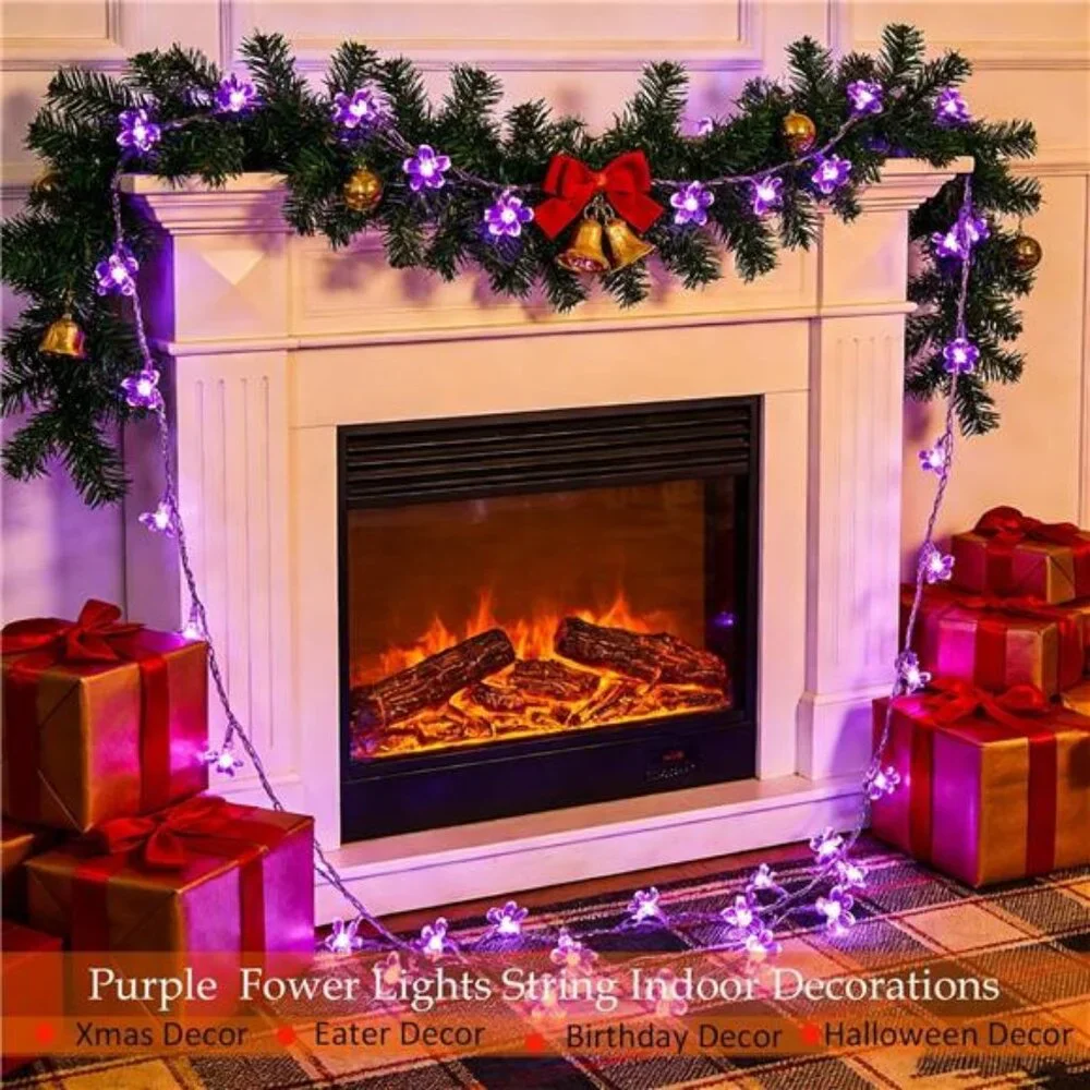 Purple Flower String Lights 33ft 100 LED Plug In Indoor Outdoor Bedroom Wedding
